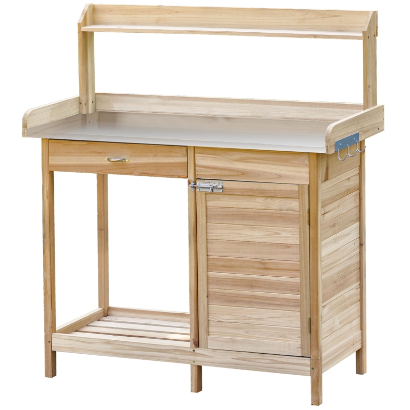 Outsunny Multi-function Potting Bench Table w/ Storage Cabinet & Steel Table Top, Natural