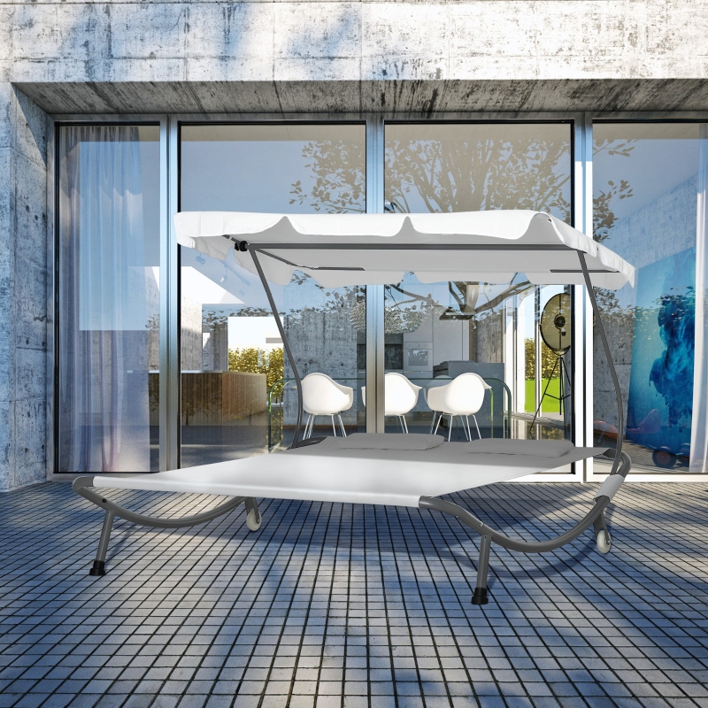Outsunny Double Chaise Outdoor Lounge Bed with Canopy and Headrest Pillow, Portable Patio Sunbed Hammock Lounger, Cream White