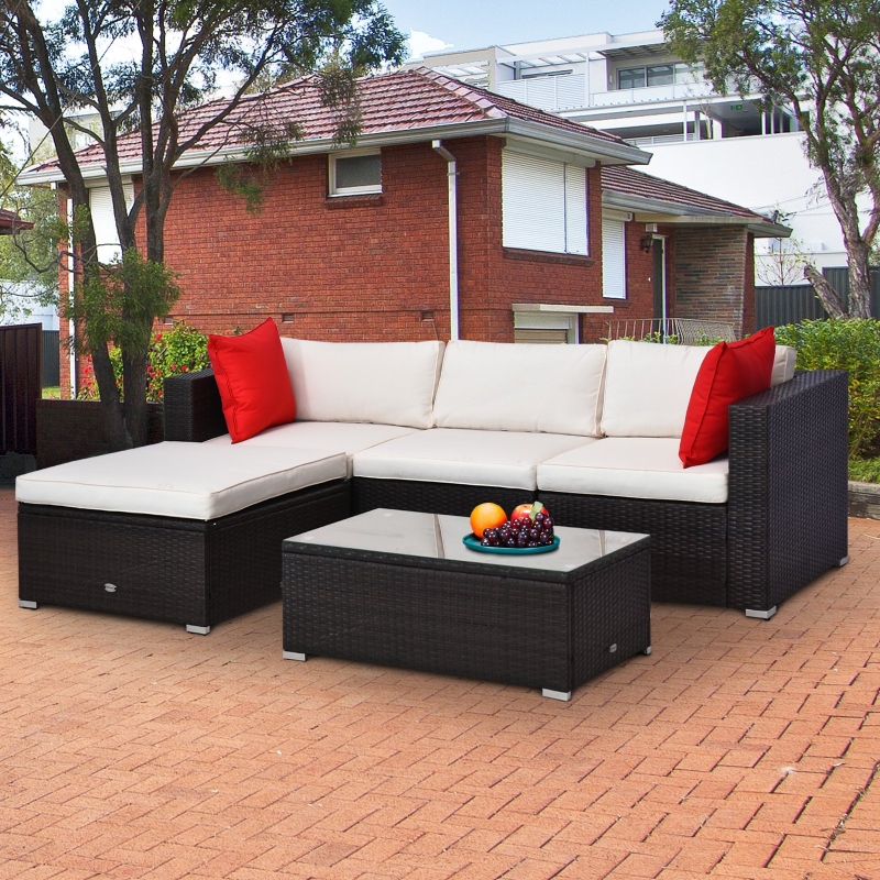 Outsunny 5pc Wicker Sofa Set Outdoor Modular PE Rattan Patio Couch Reclining Seat Outdoor Sectional with Table Conversation Set Patio Furniture