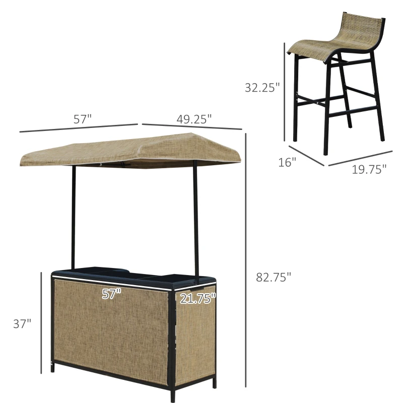 Outsunny 3 Piece Outdoor Bar Set for 2 with Canopy, Rectangular Table with Storage Shelves & Two Bar Chairs, Breathable Mesh