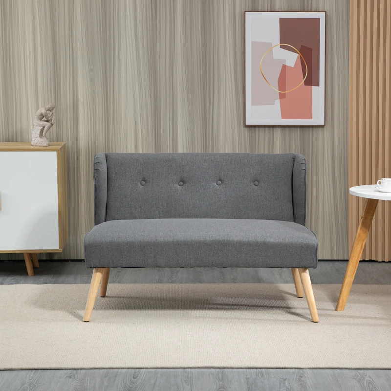 HOMCOM Modern 2-Seat Loveseat, 45" Button Tufted Fabric Upholstered Sofa Couch with Rubberwood Legs for Living Room, Grey