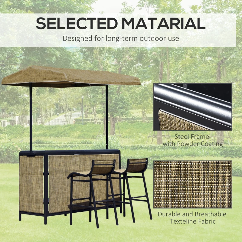 Outsunny 3 Piece Outdoor Bar Set for 2 with Canopy, Rectangular Table with Storage Shelves & Two Bar Chairs, Breathable Mesh
