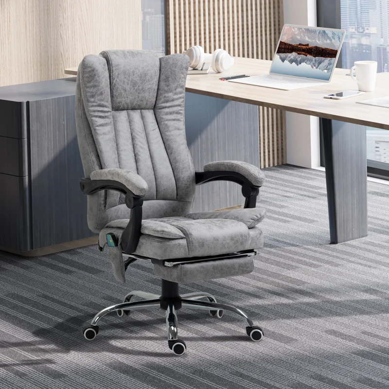 Vinsetto Microfiber Office Chair, High Back Computer Chair with 6 Point Massage, Heat, Adjustable Height and Retractable Footrest, Grey
