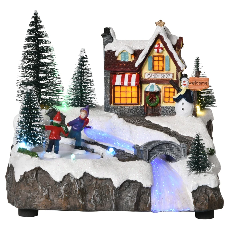 HOMCOM Christmas Village, Rotating Skating Pond Animated Winter Wonderland Set with Multicolored LED Light, Music, Fiber Optic, Battery-Operated Christmas Decoration