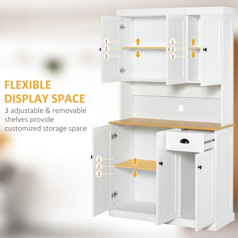 HOMCOM 70.75" Kitchen Pantry Cabinet with Hutch Storage Cabinet Microwave Oven Stand with Drawer, White/Oak