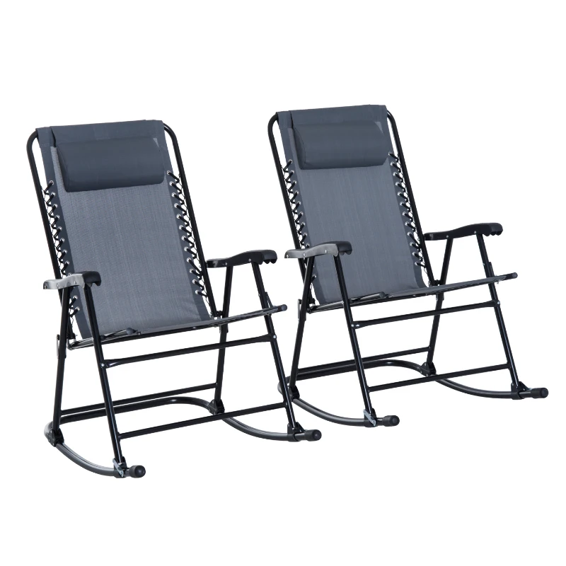 Outsunny 2pc Patio Foldable Rocking Chair Set w/ Breathable Mesh Seat & Backrest, Padded Headrest for Park, Backyard, Garden, Grey