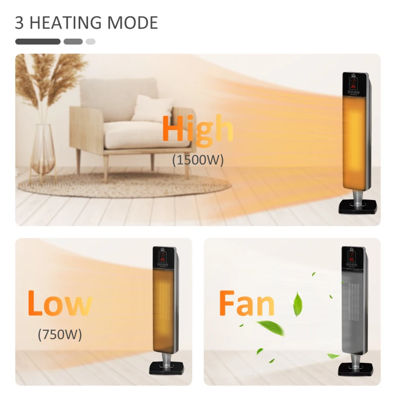 HOMCOM 2-In-1 Electric Space Heater, Oscillating Tower Heater for Indoor Use, with 3 Modes, 8H Timer, Remote, Tip-Over and Overheat Protection, 750W / 1500W, Black
