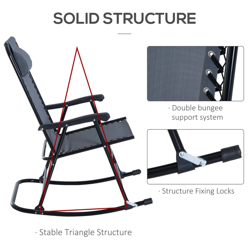Outsunny 2pc Patio Foldable Rocking Chair Set w/ Breathable Mesh Seat & Backrest, Padded Headrest for Park, Backyard, Garden, Grey