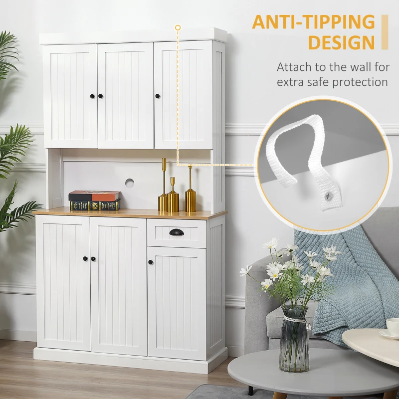 HOMCOM 70.75" Kitchen Pantry Cabinet with Hutch Storage Cabinet Microwave Oven Stand with Drawer, White/Oak