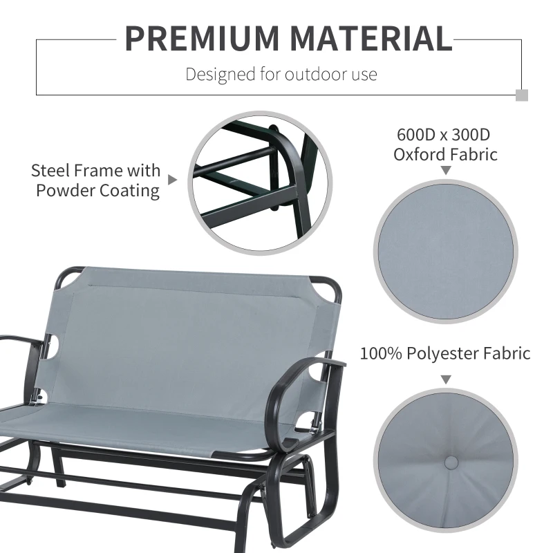 Outsunny Patio Glider Bench with Padded Cushions and Armrests, Outdoor 2-Person Gliding Chair Loveseat with Sturdy Frame, Grey