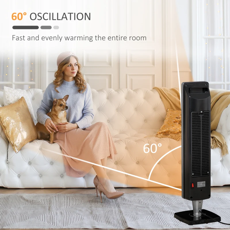 HOMCOM 2-In-1 Electric Space Heater, Oscillating Tower Heater for Indoor Use, with 3 Modes, 8H Timer, Remote, Tip-Over and Overheat Protection, 750W / 1500W, Black