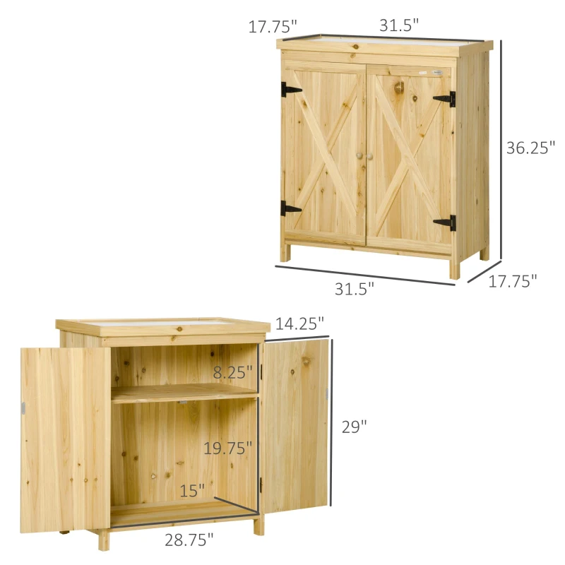Outsunny Garden Storage Cabinet, Outdoor Tool Shed with Galvanized Top and Two Shelves for Yard Tools or Pool Accessories, Natural