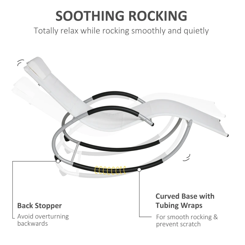 Outsunny Rocking Chair, Zero Gravity Patio Chaise Garden Sun Lounger, Outdoor Reclining Rocker Lounge Chair with Detachable Pillow for Lawn, Patio or Pool, White