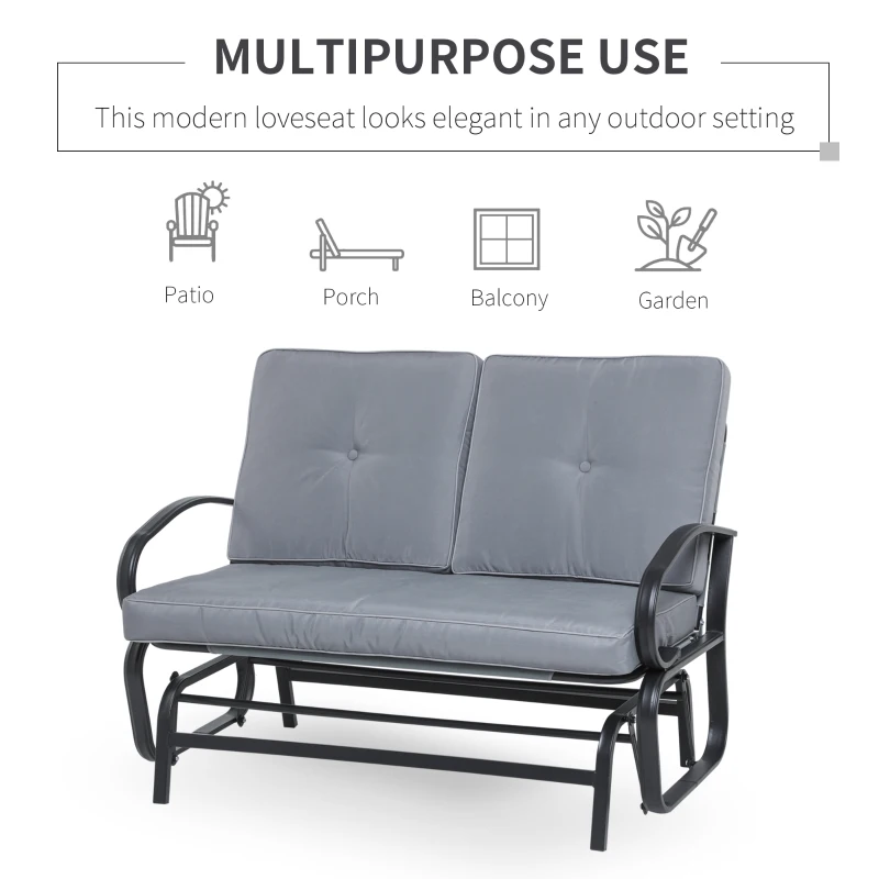 Outsunny Patio Glider Bench with Padded Cushions and Armrests, Outdoor 2-Person Gliding Chair Loveseat with Sturdy Frame, Grey