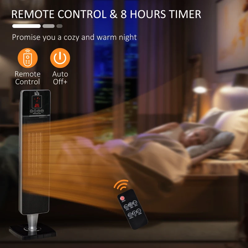 HOMCOM 2-In-1 Electric Space Heater, Oscillating Tower Heater for Indoor Use, with 3 Modes, 8H Timer, Remote, Tip-Over and Overheat Protection, 750W / 1500W, Black