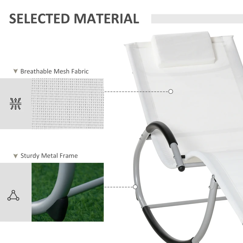 Outsunny Rocking Chair, Zero Gravity Patio Chaise Garden Sun Lounger, Outdoor Reclining Rocker Lounge Chair with Detachable Pillow for Lawn, Patio or Pool, White