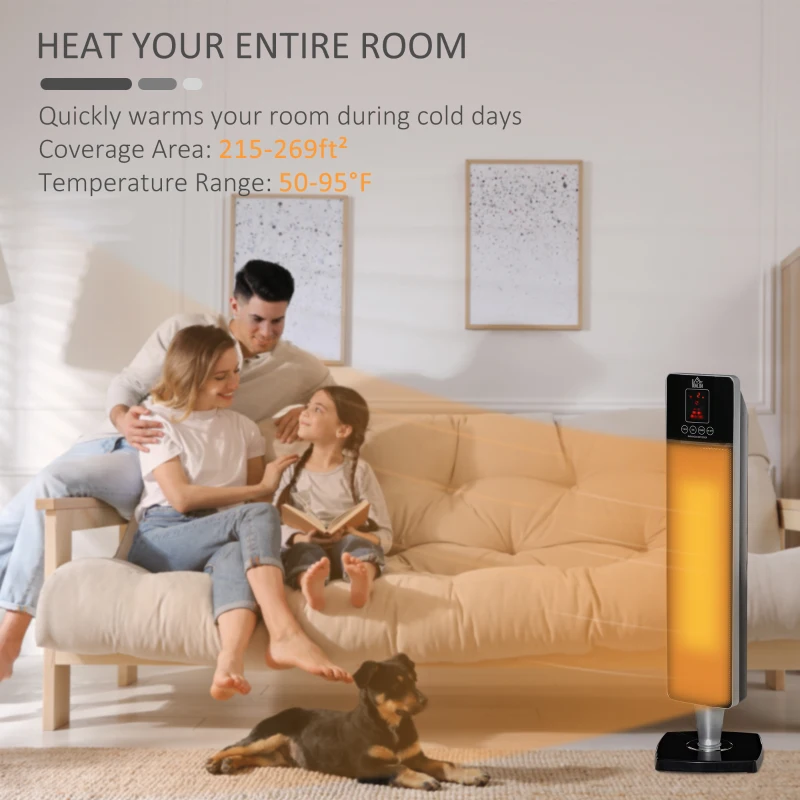 HOMCOM 2-In-1 Electric Space Heater, Oscillating Tower Heater for Indoor Use, with 3 Modes, 8H Timer, Remote, Tip-Over and Overheat Protection, 750W / 1500W, Black