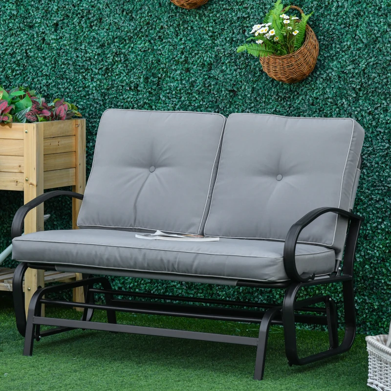 Outsunny Patio Glider Bench with Padded Cushions and Armrests, Outdoor 2-Person Gliding Chair Loveseat with Sturdy Frame, Grey