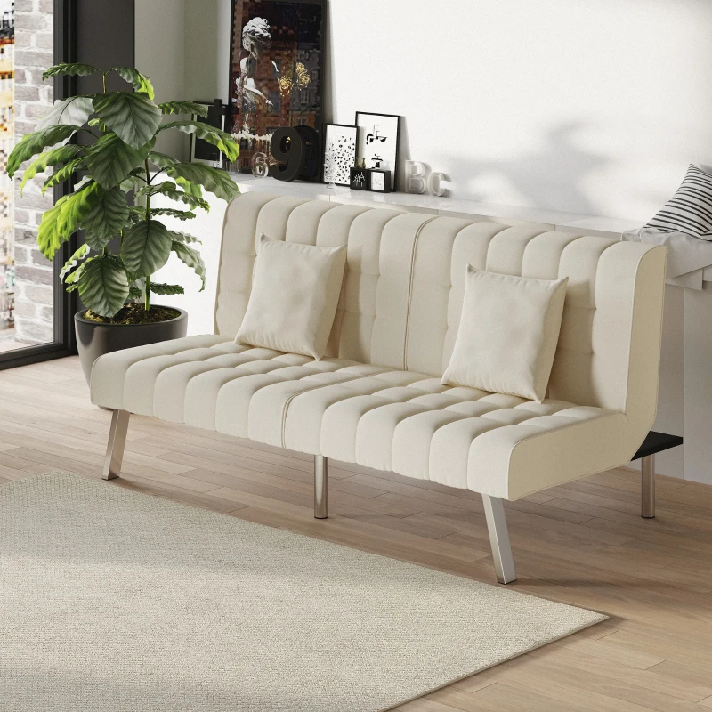 HOMCOM 2-Seater Convertible Sofa Bed with 7 Adjustable Angled Backrest Levels, 2 Pillows, and 5 Steel Legs, Cream White