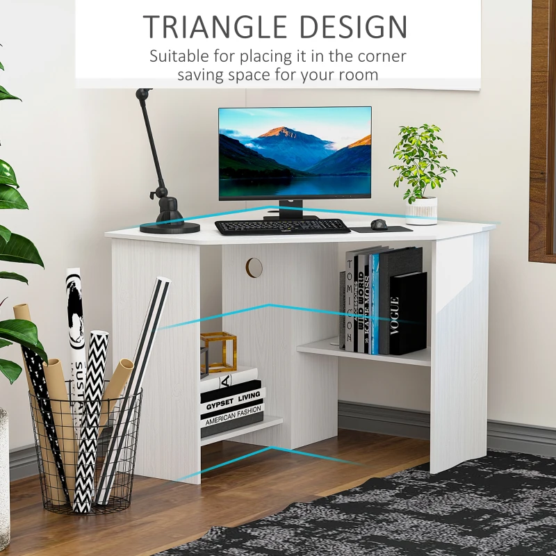 HOMCOM Corner Computer Desk with Storage Shelf, Writing Table Study Workstation for Home Office, White