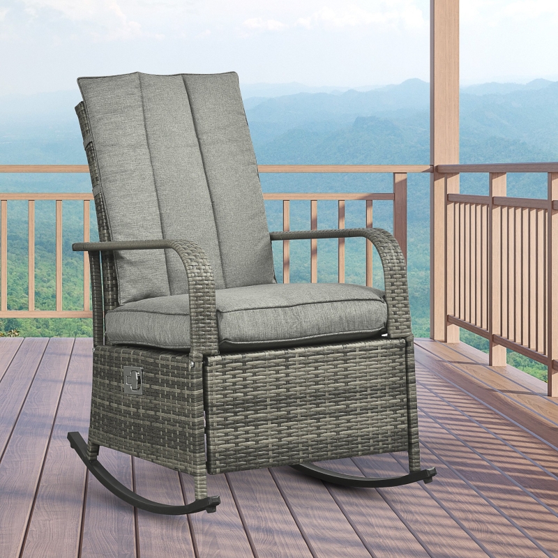 Outsunny Outdoor Rattan Wicker Rocking Chair Patio Recliner with Soft Cushion, Adjustable Footrest, Max. 135 Degree Backrest, Grey