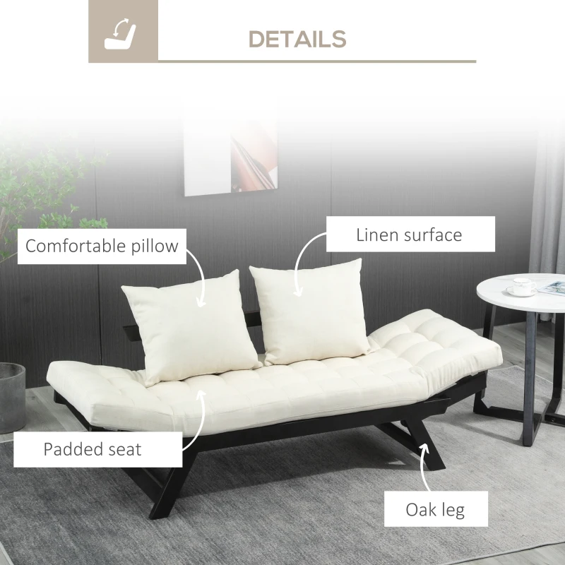 HOMCOM Single Person 3 Position Convertible Chaise Lounger Sofa Bed with 2 Large Pillows and Black Frame, Cream White