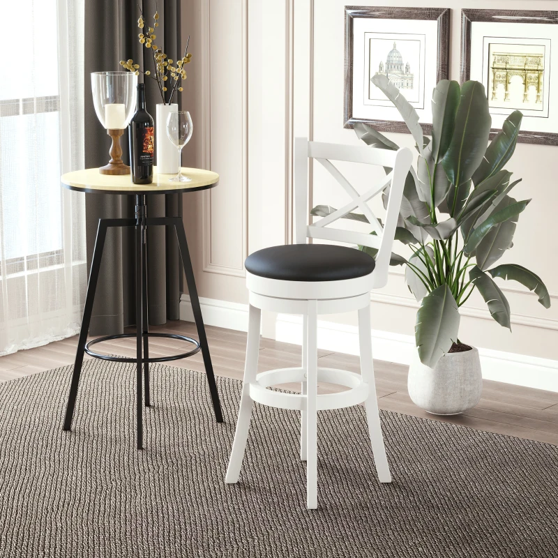 HOMCOM Swivel Bar Height Bar Stool with Back, 31 Inch PU Leather Bar Height Stool, Farmhouse Barstool with Rubberwood Frame, Cream White
