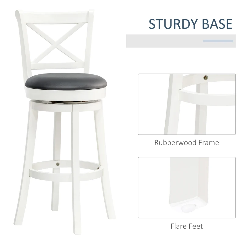 HOMCOM Swivel Bar Height Bar Stool with Back, 31 Inch PU Leather Bar Height Stool, Farmhouse Barstool with Rubberwood Frame, Cream White