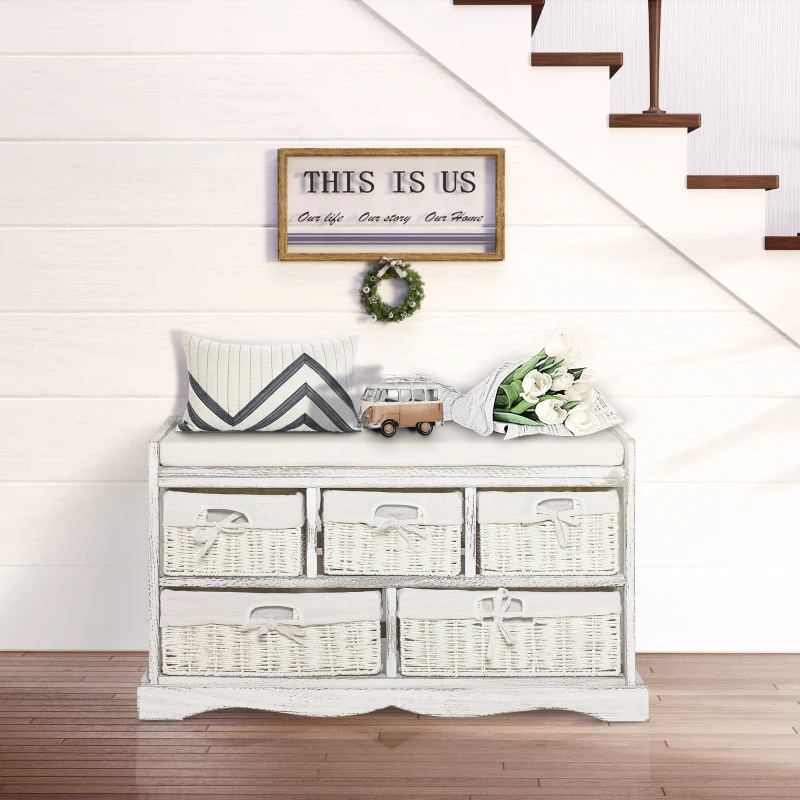 HOMCOM Wooden Shoe Bench with Cushion, Entryway Bench with 5 Removable Storage Baskets for Entryway, Living Room, Cream White