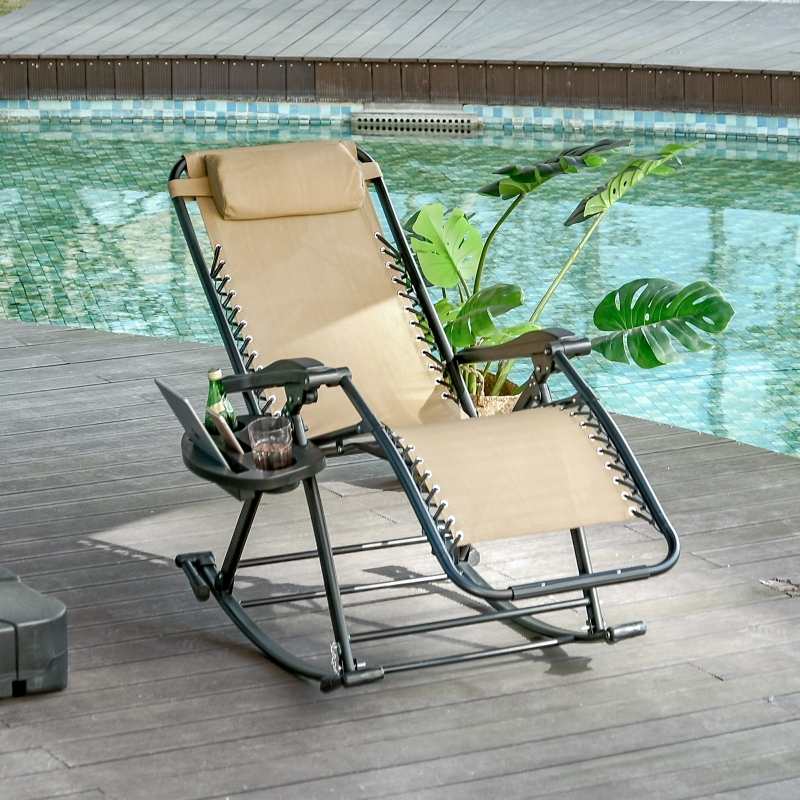 Outsunny 2 in 1 Adjustable Zero Gravity Reclining Lounge Chair Garden Recliner and Rocker Foldable Sun Lounger, Cream White