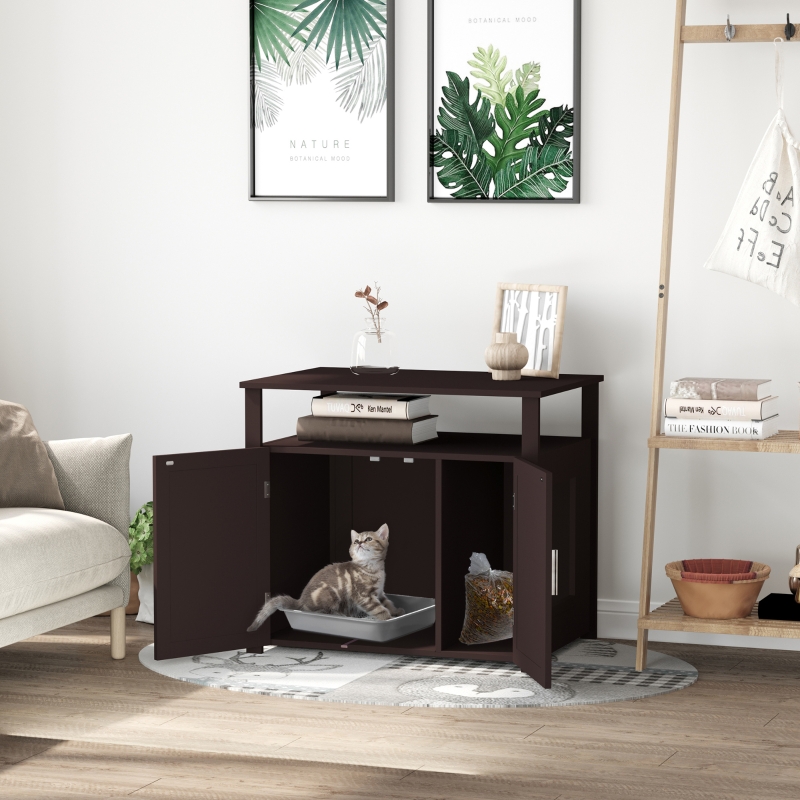 PawHut Wooden Cat Washroom Pet Litter Box Enclosure Kitten House Nightstand End Table Hideaway Cabinet with Removable/ Adjustable Divider Magnetic Doors Brown