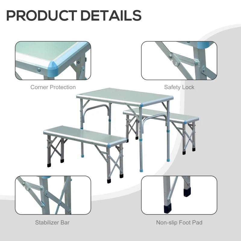 Outsunny Aluminum Adjustable Outdoor Patio Folding Picnic Table Bench Set for Camping Party BBQ with 4 seats
