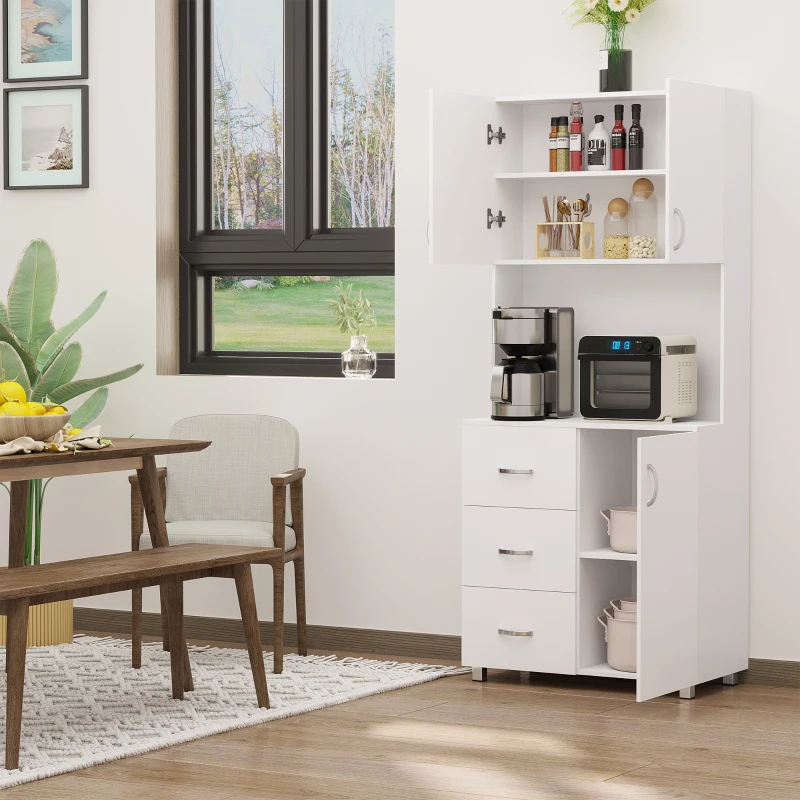 HOMCOM Freestanding Kitchen Buffet with Hutch Storage Organizer with 2 Door Cabinets, 3 Drawers and Open Countertop, Adjustable Shelf, White