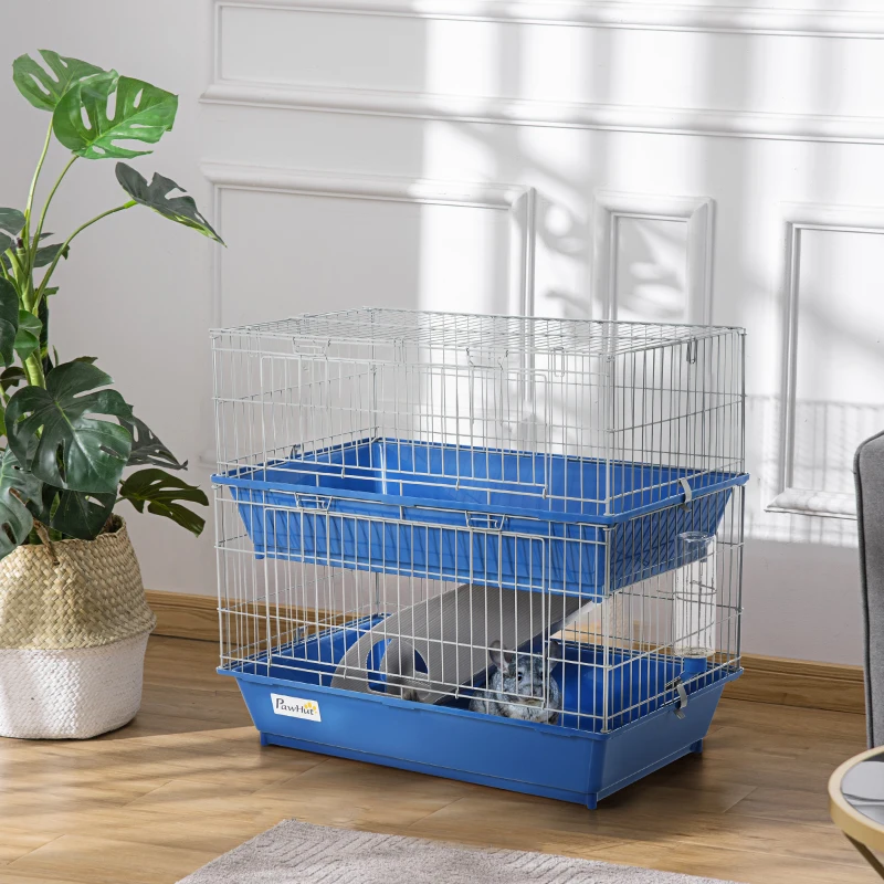 PawHut Metal Small Animal Cage, 2-Tier Guinea Pig Cage with 2 Doors, Platforms, Wide Ramp, Dish and Bottle, Deep Base, for Ferrets, Chinchillas, Bunnies, Blue