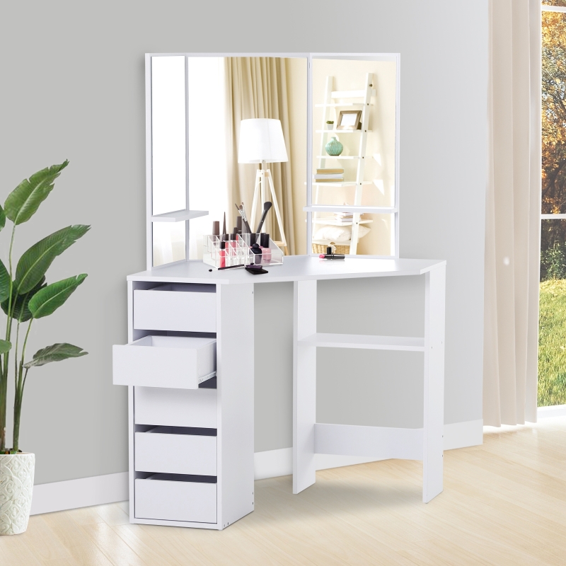 HOMCOM Corner Vanity Table, Makeup Desk with Three-Fold Mirror and 5 Drawers, White