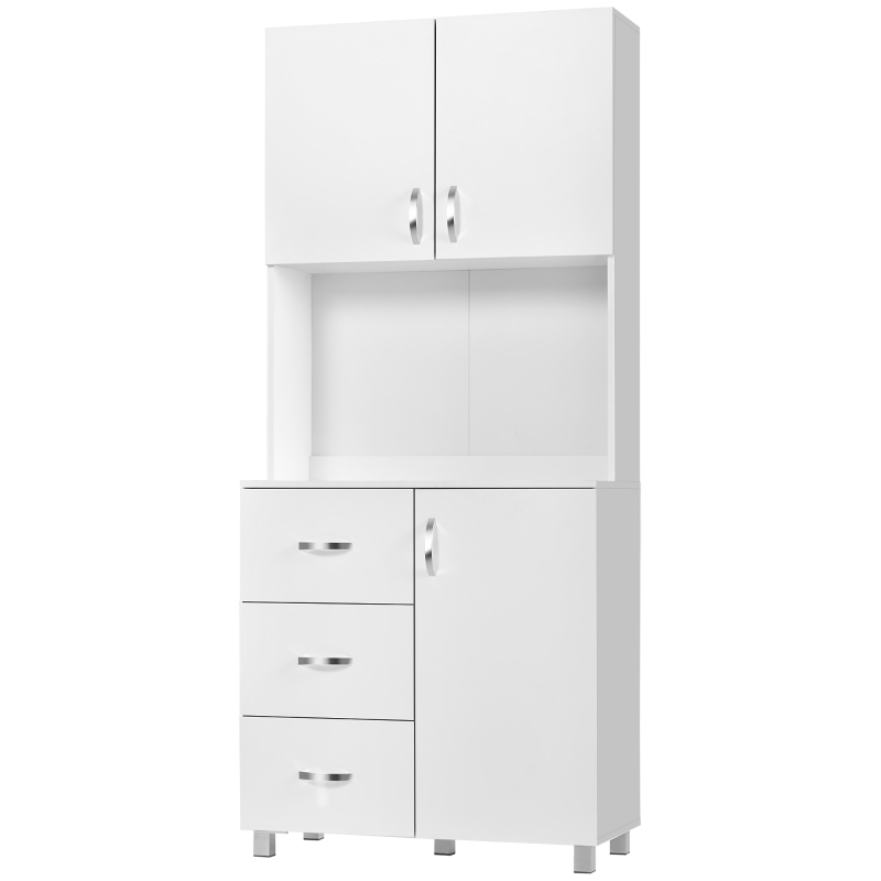 HOMCOM Freestanding Kitchen Buffet with Hutch Storage Organizer with 2 Door Cabinets, 3 Drawers and Open Countertop, Adjustable Shelf, White