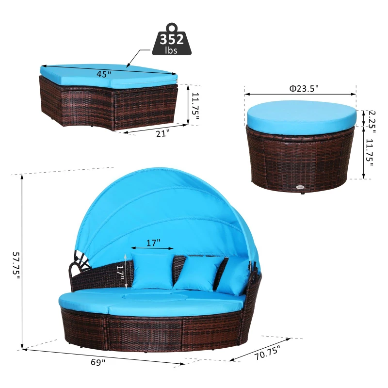 Outsunny 4-Piece Round Convertible Daybed with Cushions, Outdoor PE Rattan Patio Wicker Sofa Set, Sunbed with Adjustable Sun Canopy, Sectional Sofa, 2 Chairs, Table, 3 Pillows, Light Blue