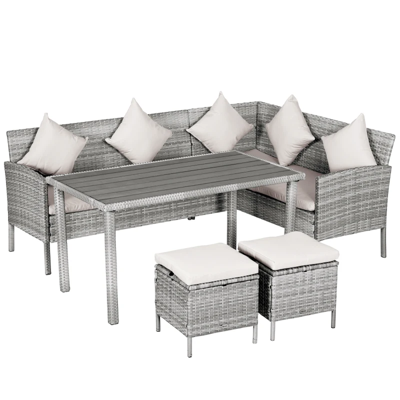 Outsunny 5 Piece Patio Furniture Set, Outdoor Dining Table Set with L-Shaped Sectional Sofa, 2 Ottomans, Outside Conversation Set with Cushions, Throw Pillows, Beige