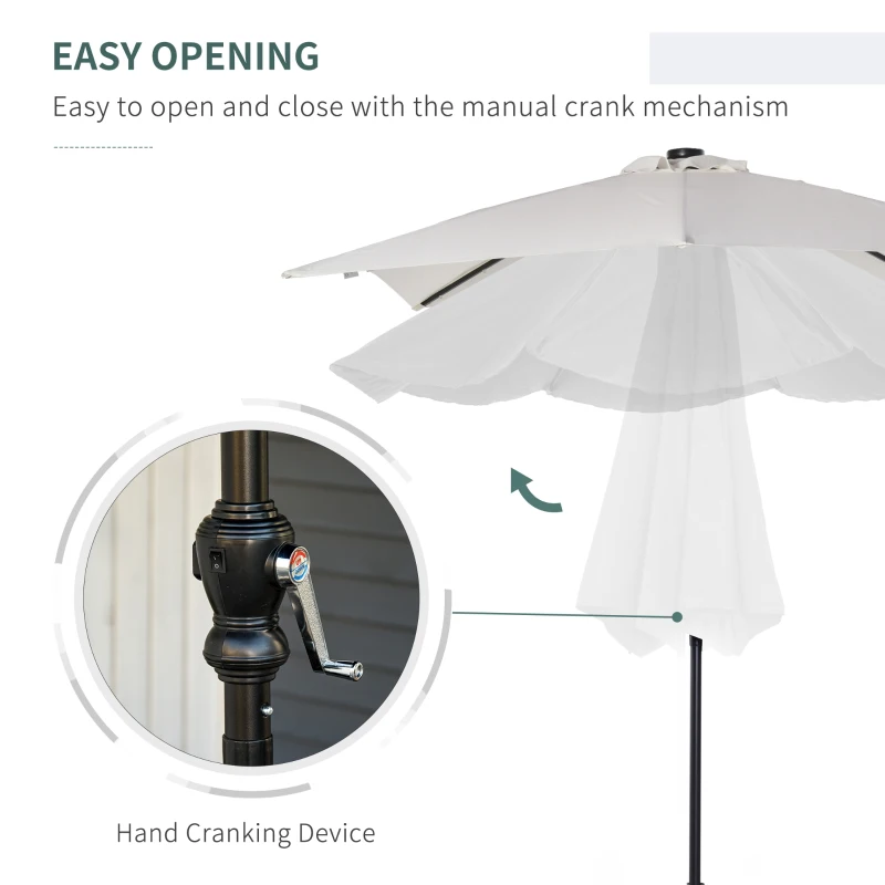 Outsunny 9' x 7' Patio Umbrella Outdoor Table Market Umbrella with Crank, Solar LED Lights, 45° Tilt, Push-Button Operation, for Deck, Backyard, Pool and Lawn, White