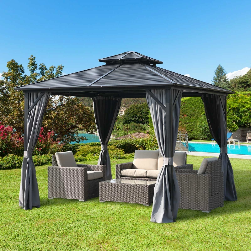 Outsunny 10' x 10' Hardtop Gazebo Canopy with Galvanized Steel Double Roof, Aluminum Frame, Permanent Pavilion Outdoor Gazebo with Netting and Curtains for Patio, Garden, Backyard, Gray