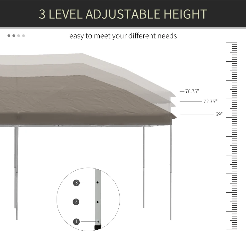Outsunny 10' x 20' Pop Up Canopy Tent with Steel Frame, 3-Level Adjustable Height and Storage Bag, Instant Sun Shelter Event Tent for Patio Backyard and Garden, Brown