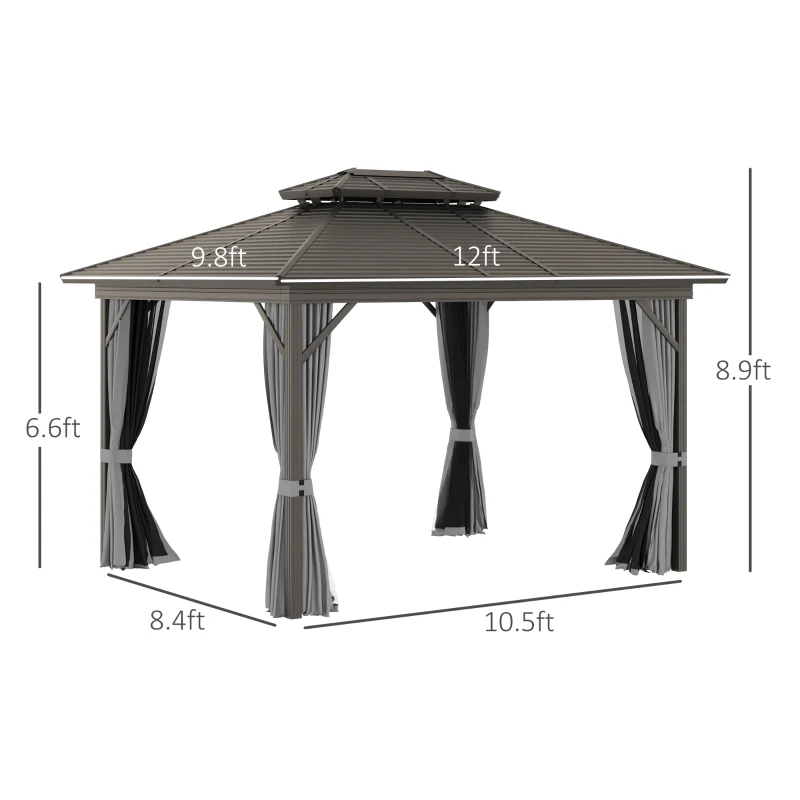 Outsunny 10' x 12' Hardtop Gazebo Canopy with Galvanized Steel Double Roof, Aluminum Frame, Outdoor Permanent Pavilion with Top Hooks, Netting and Curtains for Patio, Garden, Backyard, Gray