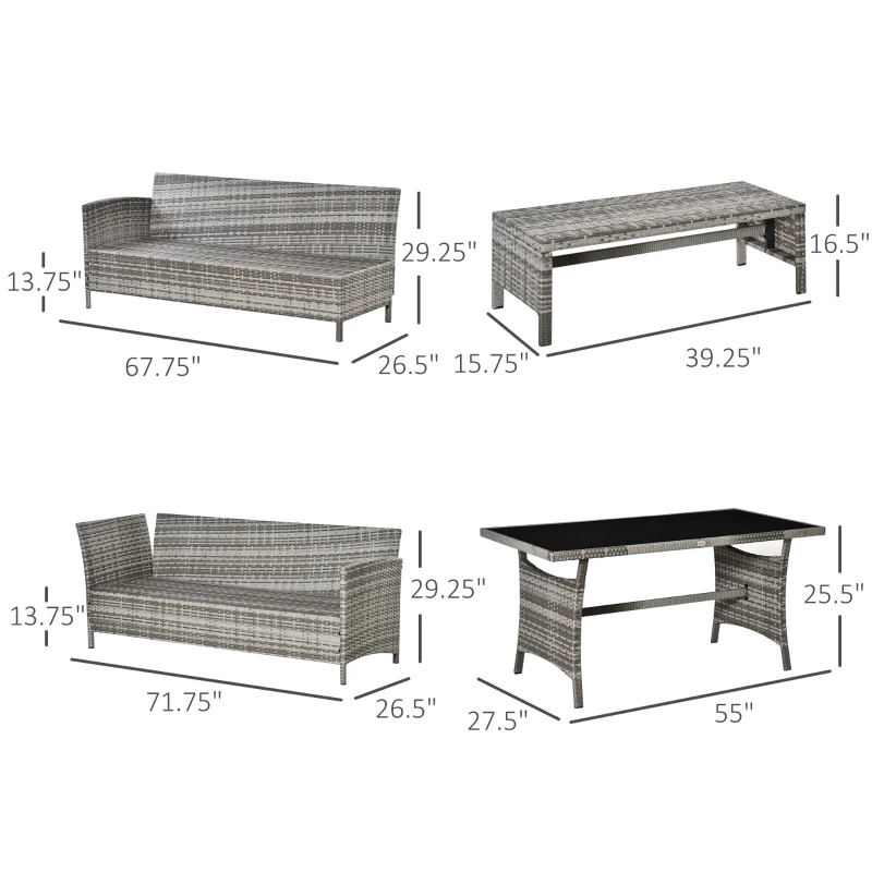 Outsunny 4 Pieces Patio Wicker Dining Sets, Outdoor PE Rattan Sectional Conversation Set with Cushions & Dining Table, Bench for Garden, Backyard, Lawn, Charcoal Gray