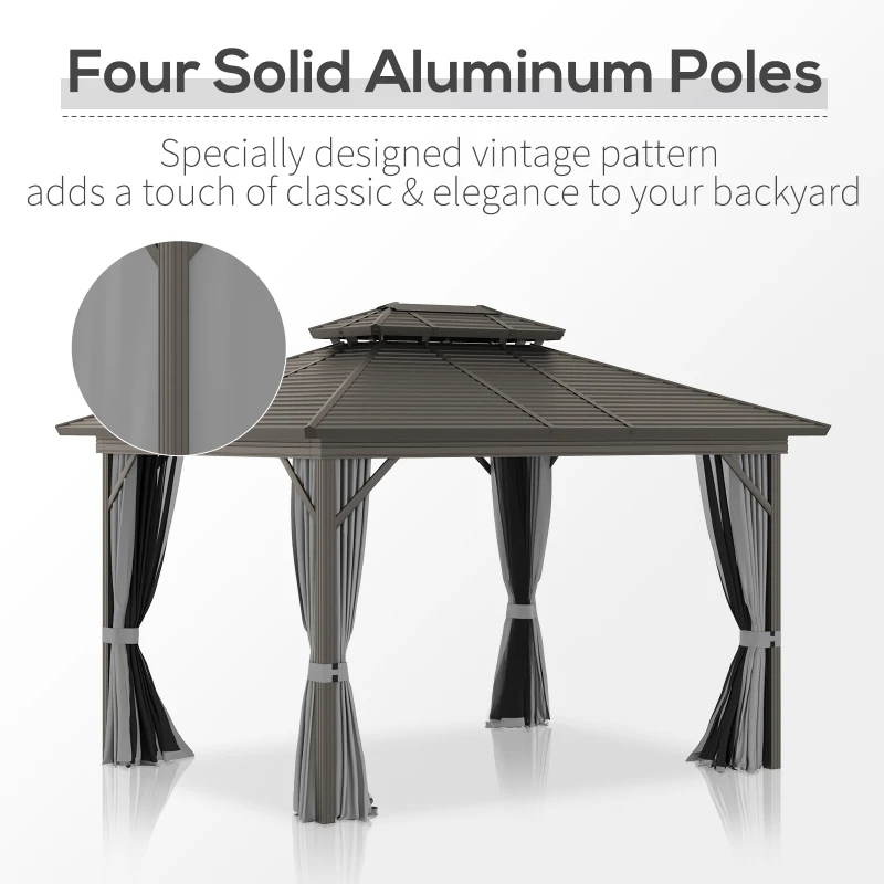 Outsunny 10' x 12' Hardtop Gazebo Canopy with Galvanized Steel Double Roof, Aluminum Frame, Outdoor Permanent Pavilion with Top Hooks, Netting and Curtains for Patio, Garden, Backyard, Gray