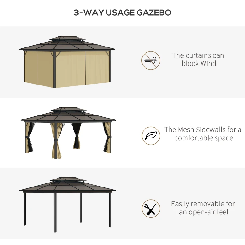 Outsunny 11' x 15' Hardtop Gazebo Canopy with Polycarbonate Roof, Aluminum Frame, Permanent Pavilion Outdoor Gazebo with Netting, for Patio, Garden, Backyard, Deck, Lawn, Beige