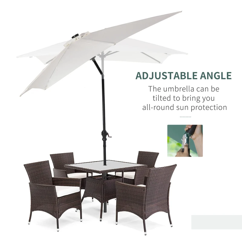Outsunny 9' x 7' Patio Umbrella Outdoor Table Market Umbrella with Crank, Solar LED Lights, 45° Tilt, Push-Button Operation, for Deck, Backyard, Pool and Lawn, White