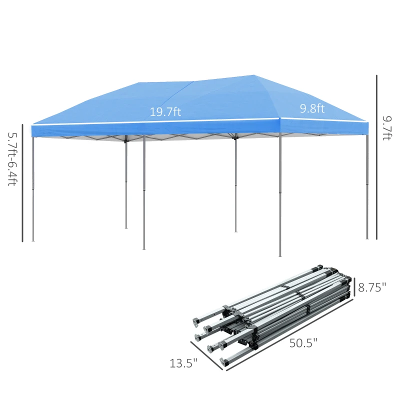 Outsunny 10' x 19' Pop Up Canopy with Easy Up Steel Frame, 3-Level Adjustable Height and Carrying Bag, Sun Shade Event Party Tent for Patio, Backyard, Garden, Blue
