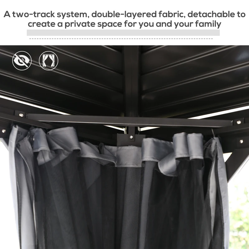 Outsunny 10' x 12' Hardtop Gazebo Canopy with Galvanized Steel Double Roof, Aluminum Frame, Outdoor Permanent Pavilion with Top Hooks, Netting and Curtains for Patio, Garden, Backyard, Gray