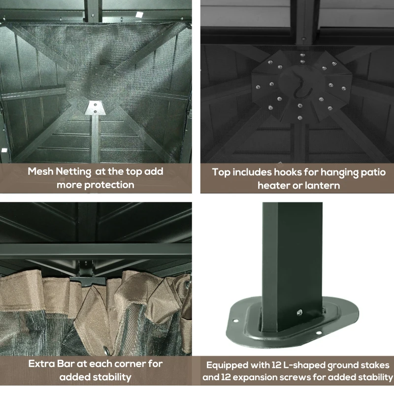 Outsunny 10' x 10' Hardtop Gazebo with Curtains and Netting, Permanent Pavilion Metal Double Roof Gazebo Canopy with Aluminum Frame and Hooks, for Garden, Patio, Backyard, Brown