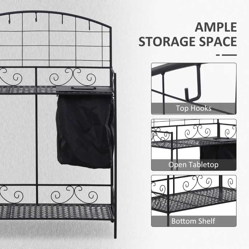Outsunny Folding Potting Bench Table, Metal Garden Workstation, Work Bench with Large Build-In Bag with Cover, 5 Hanging Hooks & Storage Shelf